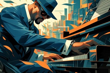 African American jazz pianist, wearing sunglasses and a fedora hat, playing the piano in front of a colorful geometric background.  - obrazy, fototapety, plakaty