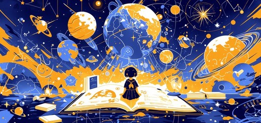 Fototapeta premium Open book, icons representing different shapes and sizes. Young girl holds up her head as if listening intently. Above or around them floating other symbols such globe, stars, planets, spaceship