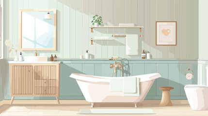 Fototapeta na wymiar Interior of bathroom with bathtub wooden cabinet 
