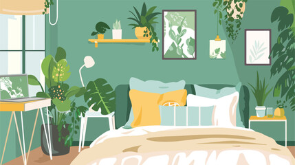 Interior of bedroom with green plants shelf units 