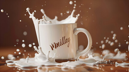 Banner Glass cup with milk on a brown background with the inscription Milk Day. June 1st milk concept. Copy space. Horizontal food photo.