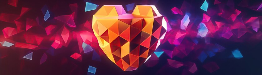 Obraz premium A 3D heart made of orange and yellow crystals. The heart is in the center of the image and is surrounded by small, colorful crystals. The background is a dark blue.