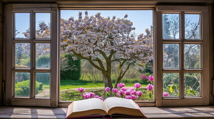 Engaging book on an open window overlooking blooming gardens and bright sunshine
