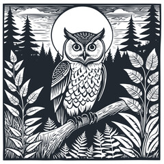 Owl in the forest. Vector illustration
