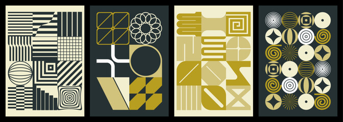 Set of golden modern abstract compositions with architectural and geometric elements
