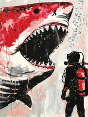 A diver in the deep ocean encounters a shark, symbolizing the fear and danger of the underwater world The concept of phobia is palpable, evoking thalassophobia and galeophobia Decoration