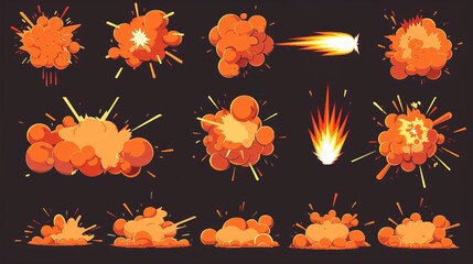 Dynamic cartoon explosions and smoke clouds on a dark background