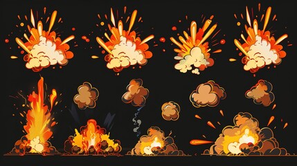 Dynamic cartoon explosions and smoke clouds on a dark background