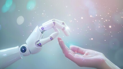 White cyborg robotic hand touching to human hand with stretched finger.