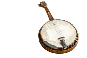 A detailed close-up of a musical instrument against a pristine white backdrop