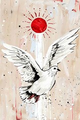 Envision a dove flying elegantly in the sky, illuminated by a beam of light shining down from the sky The scene is set against a banner backdrop, providing space for text or decoration, creating a sen - obrazy, fototapety, plakaty