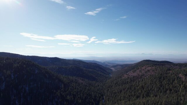 High angle aerial view of the mountains and valleys near Cloudcroft, New Mexico
