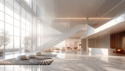 Capture the elegance of a modern, minimalist interior from a captivating low-angle view Show intricate details and sleek design elements in a digital rendering using photorealistic techniques