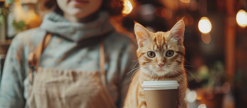 Pet friendly restaurant, cafe or coffee shop concept. Lifestyle and pets concept with cut cat and cup of coffee. Generative ai