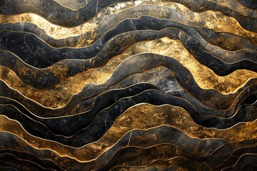 Capture the essence of elegance and sophistication by creating a Panoramic view Dynamic Flow Wallpaper with swirling lines in a harmonious blend of gold and black Utilize Traditional Art Medium to add