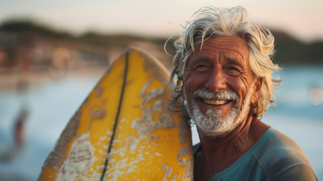 Portrait of a 60 year-old white haired man with surfboard at the beach. Fit elderly man having fun surfing. Elderly healthy people lifestyle and extreme sport concept. Generative ai