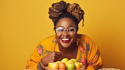 Smiling african plus size woman holding a plate of fruit, Slimming, healthy eating
