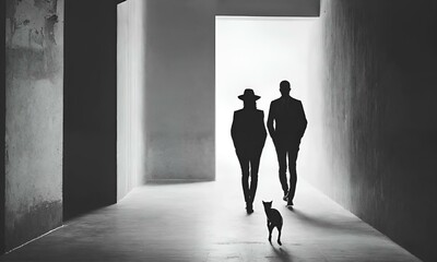 AI generated illustration of two individuals strolling with a dog in a narrow corridor