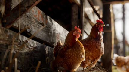 Chickens in a coop in the countryside - obrazy, fototapety, plakaty
