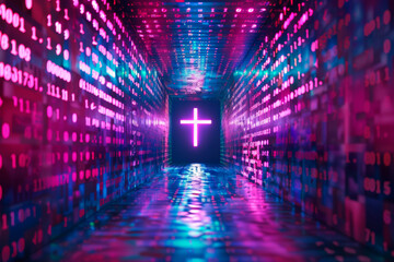 Digital Transformation: Christian Cross in a Neon Binary Tunnel Symbolizing Faith's Intersection...