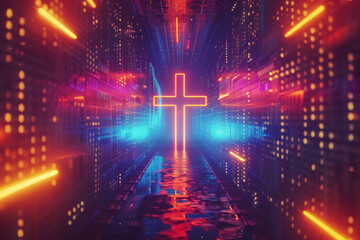Digital Transformation: Christian Cross in a Neon Binary Tunnel Symbolizing Faith's Intersection with Technology