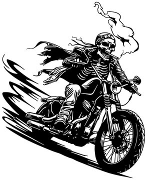 illustration of a skeleton wearing tattered clothing riding a motorcycle and smoking 