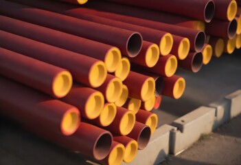 Stacks of red and yellow industrial pipes