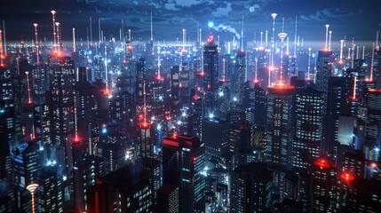 A cityscape with many buildings and lights, Generative AI