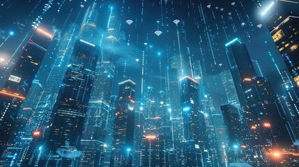 Fototapeta premium A cityscape with many buildings and lights, Generative AI