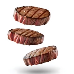 Three grilled beef steaks floating in the air