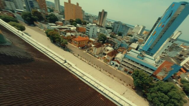 Drone footage of the Amazon Theatre (Teatro Amazonas) on a sunny day in Manaus, Brazil