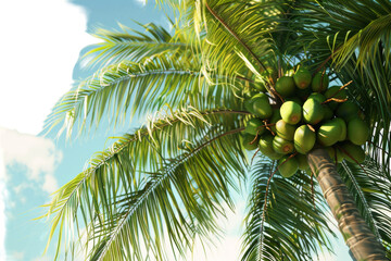 A tall palm tree adorned with vibrant green fruit hanging gracefully from its branches - Powered by Adobe