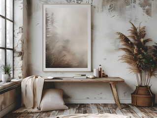 Fototapeta na wymiar Tranquil Creativity: White Frame Mockup on Vintage Table in Minimalist Home Office