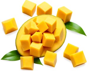 Cubed mango with green leaves, close-up view