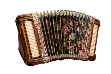 Close up of a vibrant accordion on a clean white background, showcasing its intricate design and...
