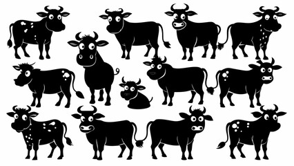 set of cute cows silhouette black color 