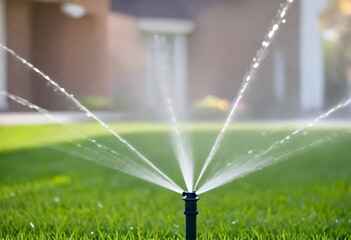 A sprinkler spraying water over a lush green lawn on a sunny day - obrazy, fototapety, plakaty