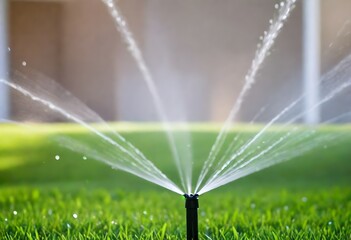 A sprinkler spraying water over a lush green lawn on a sunny day - obrazy, fototapety, plakaty