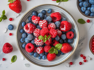 healthy and frozen berries on a plate, full of itamins and antioxidants, strawberries, blueberries and raspberries