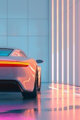 A concept car in a futuristic style in neon light
