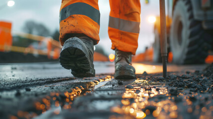 Close-up of a worker's shoes. The builder of "smart" roads selects and installs an adaptive road surface. A man in orange work clothes