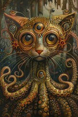 Naklejka premium A cat wearing an octopus costume made of metal and gems