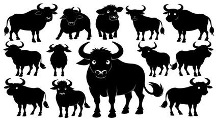 set of cute buffalo silhouette black color 