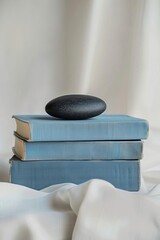 A smooth black stone sits on top of a stack of blue books on a white cloth