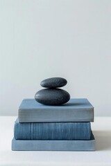 A stack of blue books with two black stones balanced on top