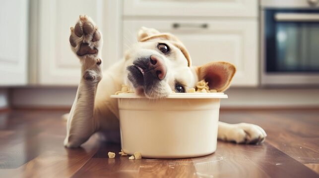 Hilarious image of a dog with its head stuck in a food container, legs splayed in a goofy stance, capturing a moment of mischief and curiosity gone awry