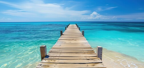 A tranquil wooden pier stretching into the endless expanse of azure waters, fringed by vibrant coastal flora