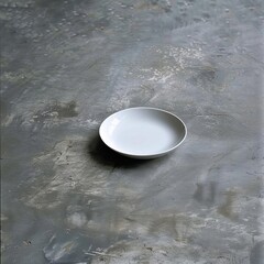 A white plate sits on a gray concrete surface