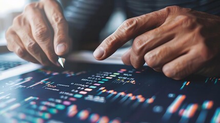 Closeup of a detailed genetic report showing data on additive genetic effects in livestock, hands pointing at key statistics, research context