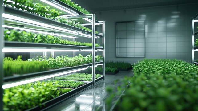 Wheat Microgreens grow on green farm on Shelves with special lighting and moisture. High racks with irrigation and humidification system for growing wheat sprouts. Racks large plantations wheatgrass